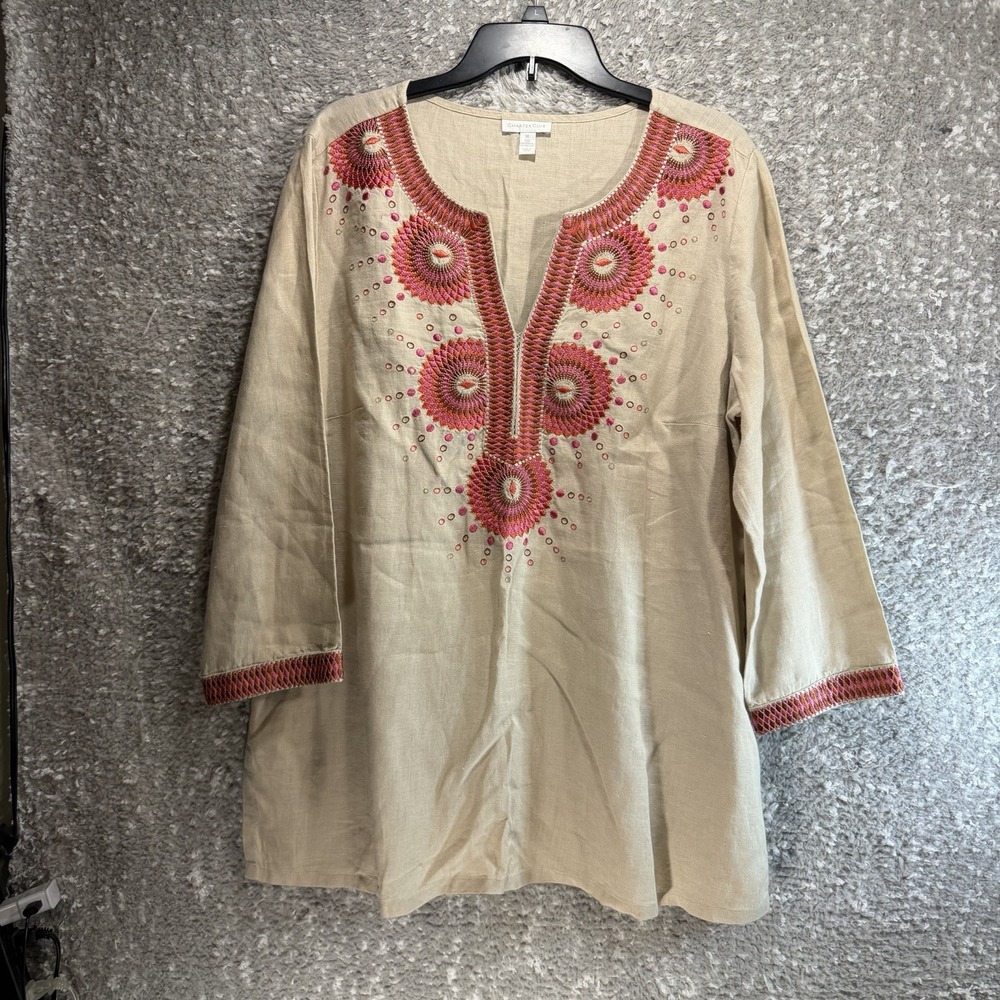 Charter Club Embroidered Linen 3/4 Sleeve Tunic Top Xl Brown Beach Coastal Slits